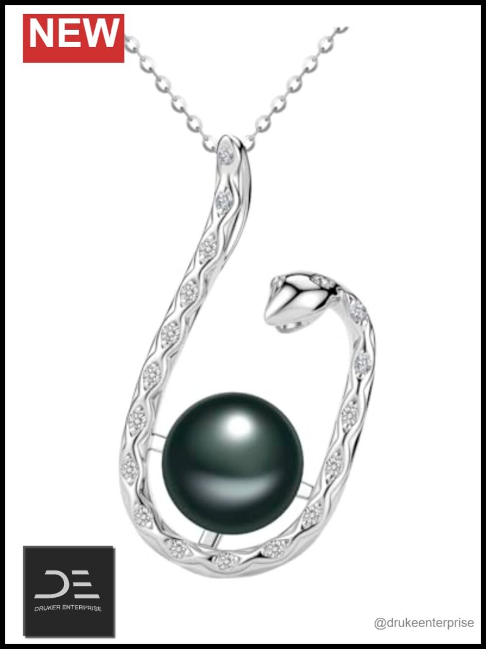 Natural Tahitian Black Pearl Necklace 925 Sterling Silver 18K White Gold Plated